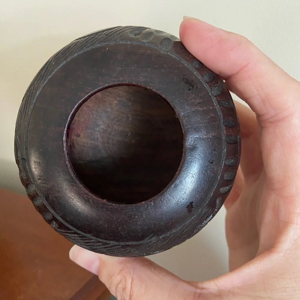 🩷 African Hardwood Ebony Small Carved Wood Bowl Elephant Rhino Giraffe Animals